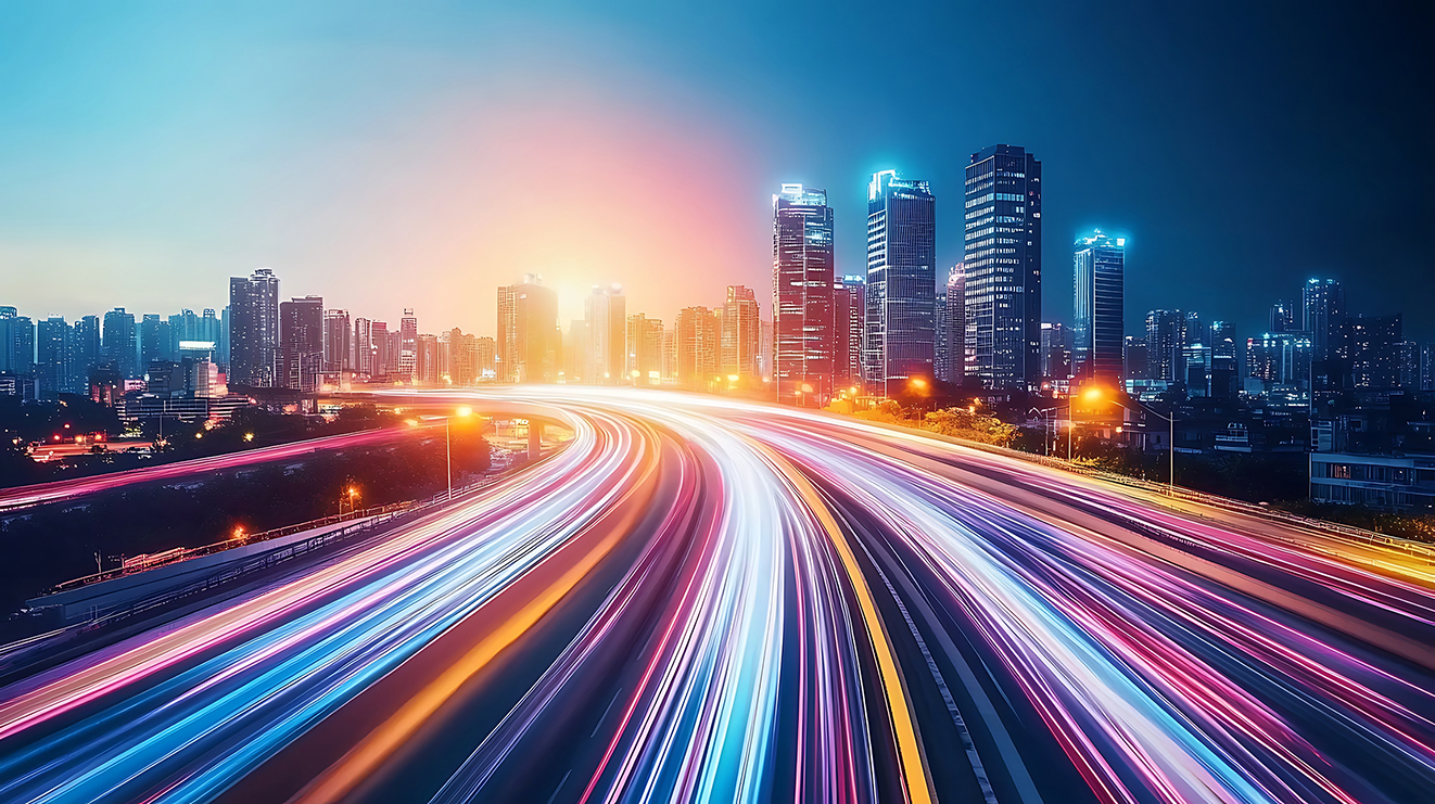 Cityscape At Dusk Showing Traffic Light Trails